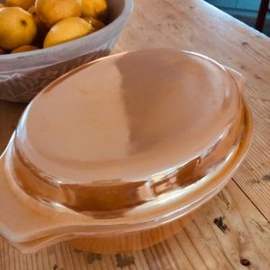 FIRE KING Peach Lustre Oval Casserole and Lid Vintage 1970’s MINT. 12” x 7.5”